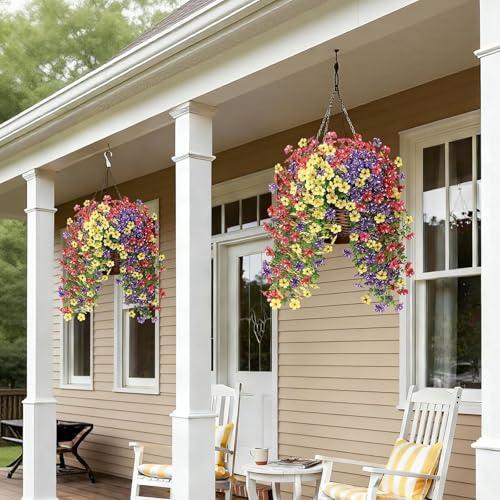 GLIDLION 4 PCS Artificial Morning Glory & Eucalyptus for Outside, Realistic Sun Resistant Fake Silk Hang Flower Faux Eucalyptus Leave for Patio Farmhouse Garden Porches Balcony Decor (Mixed Color) - color: Mixed Color