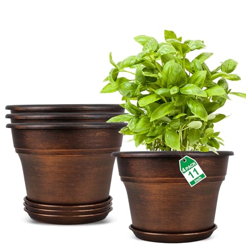 Plant Planters Pots Set of 4 Pack 11 Inch, Plastic Flower Pot For Indoor Plants With Drainage Holes & Trays, Resin Decorative Container Sets With Saucer For House Outdoor Garden Planters Copper - color: Copper, size: 11 inch-4 pack