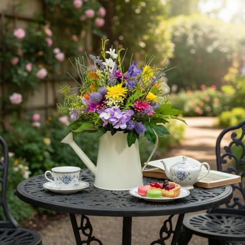 14 Inch Lighted Farmhouse Watering Can Centerpiece with Timer | Spring Summer Floral Arrangement with Daisies, Lavender, Orchids and 10 Warm LED Lights for Table Kitchen Decor
