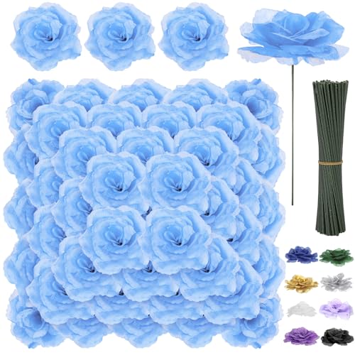 LELEE Rose Head Flowers with Stem, 108pcs Light Blue Rose Artificial Flowers Bulk, Silk Rose Fake Flower for Wedding Bouquet Party Home Decor DIY Baby Shower Centerpieces Tables Decoration - color: Light Blue