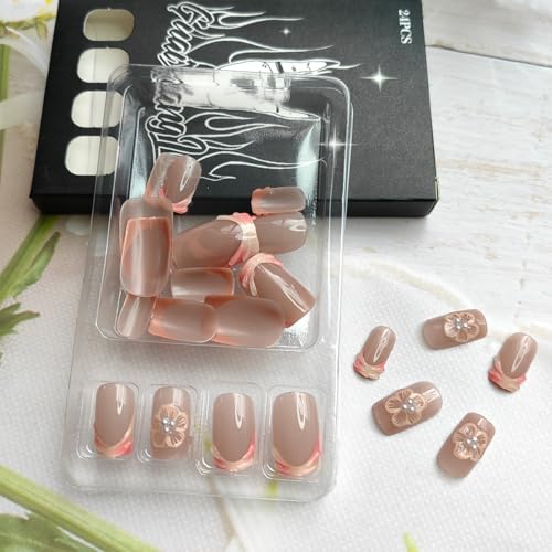French Tip Press on Nails Square Short Fake Nails Full Cover Cherry Blossoms Nails with Pearl Design Cute Glue on Nails Nude Pink Artificial False Nails Flower Acrylic Nails for Women Girls 24Pcs