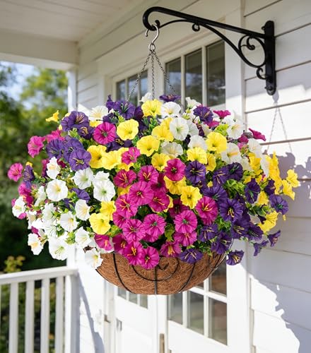 Artificial Faux Hanging Plants Flowers Basket for Spring Summer Outdoors Decoration, Fake Silk Colorful Morning Glory with Eucalyptus Look Real UV Resistant for Outside Porch Patio Balcony Garden Home - color: Multi-color (3 Fuchsia, 3 Purple, 3 Yellow, 3