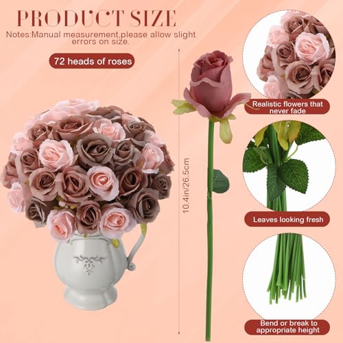 Hoteam 72 Heads Dusty Pink Artificial Rose Flowers 6 Bouquet Wedding Decoration Faux Flower Arrangement Bouquet with Stem Bridal Shower Gift Floral Centerpiece for Table - color: Pink Brown
