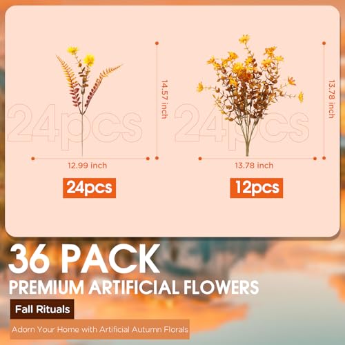 36pcs Fall Fake Flowers for Outdoor Realistic Artificial Flowers for Outdoor UV Resistant Faux Mums Plastic Autumn Flowers No Easy Fade Fall Thanksgiving Fall Flowers for Porch ＆Planter - color: Yellow ＆ Orange ＆ Brown（with Fall Ferns）, size: 36 pcs