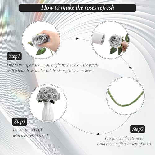 Hotop 20 Pcs Artificial Rose Flowers with Long Stem,Real Lifelike Silk Realistic Plastic Bouquet Roses Bulk for Home Decor Bridal Wedding Party Table Centerpieces Decorations (Silver) - color: Silver
