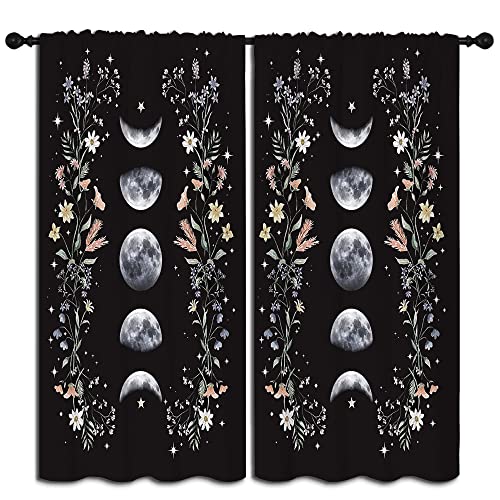 Boho Floral Wildflower Rod Pocket Blackout Curtains for Boy Girl Bedroom, Moon Phase Moonlit Garden Witchy Gothic Aesthetic Thermal Insulated Home Window Drapes for Living Room Darkening, 42x45 inch - color: Boho Floral Wildflower-003, size: 42"W x 45"L (