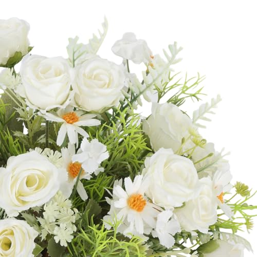 Artificial Flowers Bouquet 3 Pack Fake Rose Bouquet Faux Artificial Flower Arrangements Decoration Table Wedding Flower Centerpieces（White） - color: White