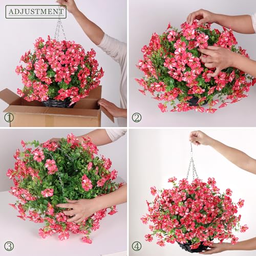 Artificial Flower & Eucalyptus with Hanging Basket - 2PCS Faux UV Sun Resistant Morning Glory in Planter, Fake Colorful Silk Flowers for Spring Summer Porch Patio Balcony Yard Decor (Rose Red) - color: Rose Red