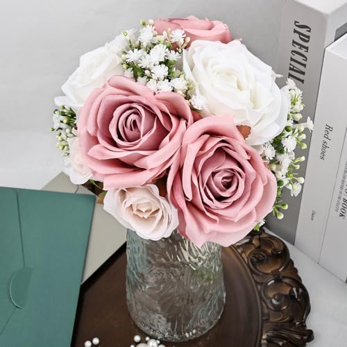 Wedding Bridesmaid Bouquets Set of 6, Artificial Silk Flowers Arrangement for Ceremony Marriage Proposal Party Anniversary Decorations - Dusty Pink & White - color: Dusty Pink & White, size: Set of 6 Bouquets