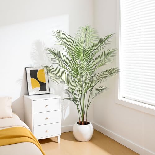 Artificial Palm Tree 5FT Tall Faux Palm Tree Indoor Fake Plants Faux Tropical Plant, UV Resistant & Maintenance Free Indoor/Outdoor Fake Tree in Pot for Home Office Living Room Patio Decor - style: 5FT Fine Leaved