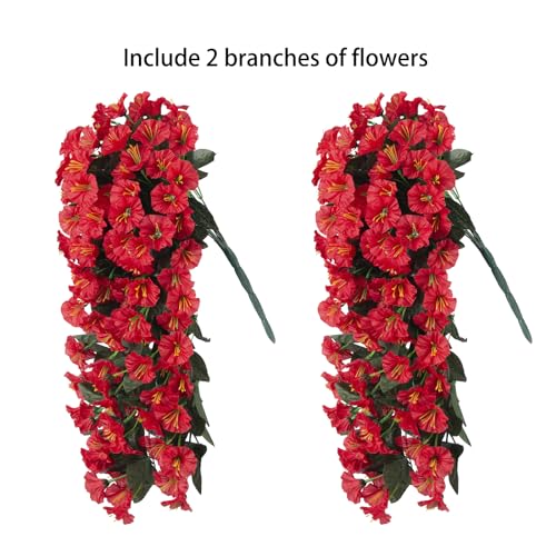 Artificial Fake Hanging Flowers Plants for Outdoor Outside Spring Summer Decoration, 2PCS Faux Silk Red Morning Glory UV Resistant Look Real Trailing Vines for Home Wedding Party Garden Patio Porch - color: Red 2