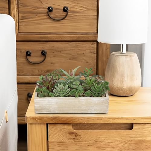 Artificial Succulent Plants in Pot 10 Inch Fake Succulent Arrangement Potted Succulents Plants Centerpiece in Rectangular Wooden Planter for Home Office Desk Shelf Living Room Bedroom Farmhouse Decor - color: White Wooden#style 6
