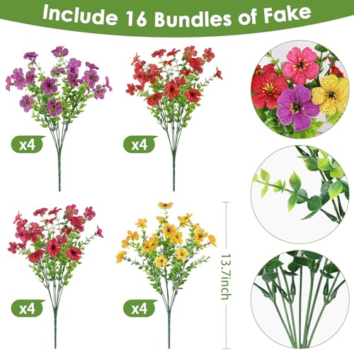 16 Bundles Artificial Flowers for Outdoors, Realistic Fake Silk Flowers for Outside, UV Resistant Faux Plants for Outdoor Planters - Spring Summer Porch Decor (4 Colors) - color: Mix 4 Colors, size: 16PCS