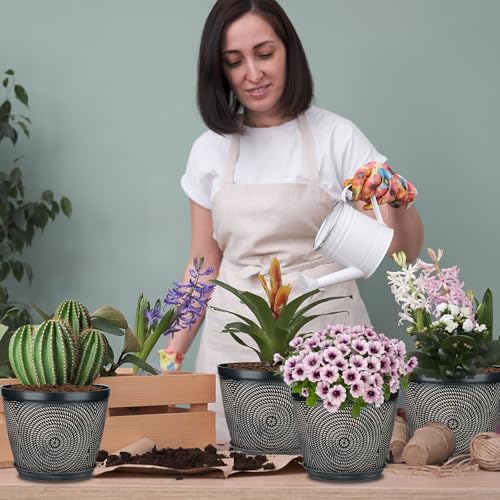 Quarut 12 Inch 4 Pack Large Plant Pots, Plastic Flower Pot for Indoor & Outdoor with Drainage Holes & Saucer, Circle Pattern Planters Garden Pots for Herbs - color: Circular Pattern-brown, size: 12 inch-4 Pack