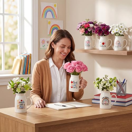 6 Pieces Teacher Appreciation Gifts, Teacher Flower Vase with Small Handle, Ceramic Rainbow Vases, End of School Year & Graduation Thank You Gifts for Women Christmas Teachers Appreciation