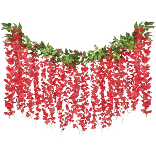 ARTKAIKE Artificial Flowers Garland for Home Decor, Fake Wisteria Vine Silk Hanging Plant Flower for Room Bathroom Wall Kitchen Bedroom Garden Outdoor Wedding Decor (4, Red) - color: Red