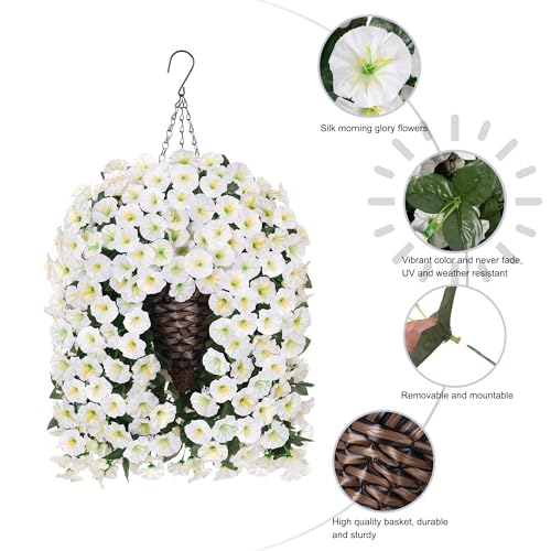 Artificial Fake Flowers Plants Hanging Baskets for Outdoor Outside Decor, Faux Silk Hanging White Morning Glory Trailing Vines UV Resistant for Porch Patio Home Decoration - color: White
