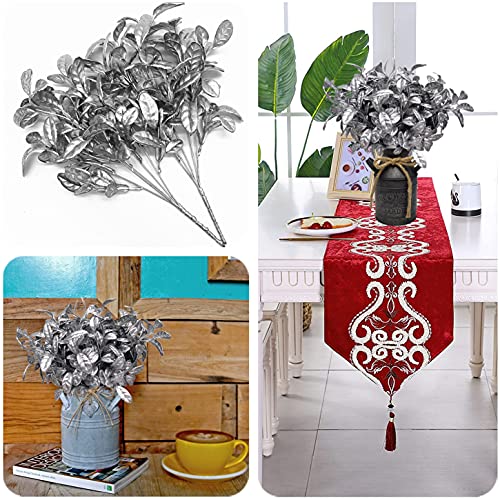 CATTREE Artificial Silver Leaves Christmas Plants 4 Pack, Plastic Leaf Bouquet Faux Gold Plant Fake Shrubs Simulation Bushes for Wedding Hall Table Centerpieces Floral Arrangement Filler DIY Décor - color: Silver Leaves Round Edge- 4 Pcs