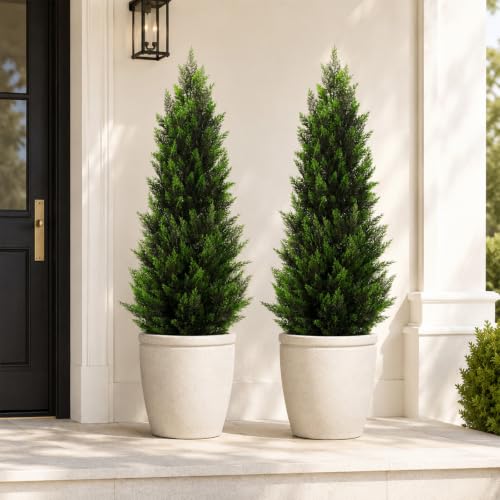 Artificial Topiary Cedar Trees 4FT Tall 2 Set, Outdoor Indoor Faux Pine Shrubs Plants, Realistic Fake Plants Front Porch Decor, Artificial Bushes Cypress for Home Front Door Offices - color: 2*pine Tree 4ft