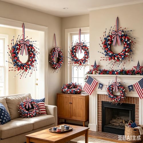 6 Pcs Patriotic Wreath Mini 4th of July Hanging Wreaths for Cabinets Artificial Red White Blue Berries Memorial Day Wreaths Pillar Candle Holder Wreath with Ribbon for Independence Day Porch Wall - color: Patriotic-15