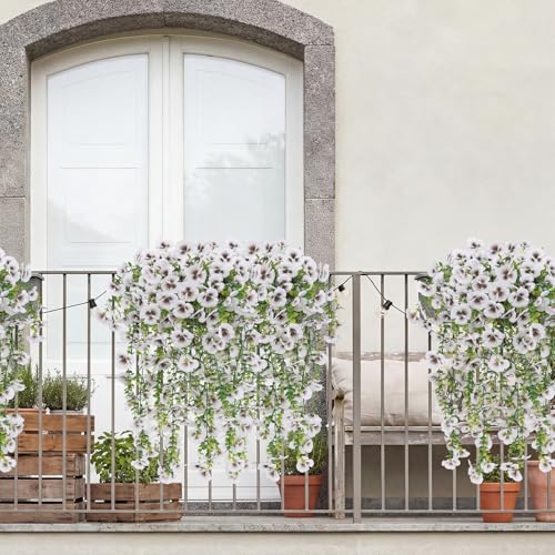 White Artificial Hanging Flowers for Outdoors, 4 PCS 29.5in UV Resistant Faux Outdoor Hanging Plants Pansy Flowers Fake Cascading Floral Vines for Porch Patio Balcony Pergola - color: White