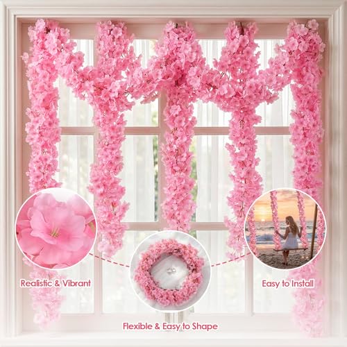 4 PCS Cherry Blossom Garland Artificial Silk Flower Vine Hanging Floral Decor for Wedding Arch Party Home Garden Wall Decoration (Light Pink) - size: 70in-4pcs-Light pink