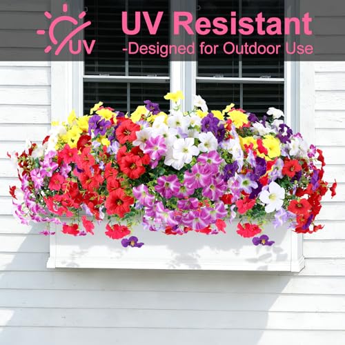 Artificial Petunia Flowers Outdoor, 12 Bundles UV Resistant Faux Plants | Silk petunias in purple, pink, yellow, white & red; UV resistant stems for planters, baskets, porch, garden decor. - color: Mix 6 Colors, size: 12 Bundles-Small Petunias