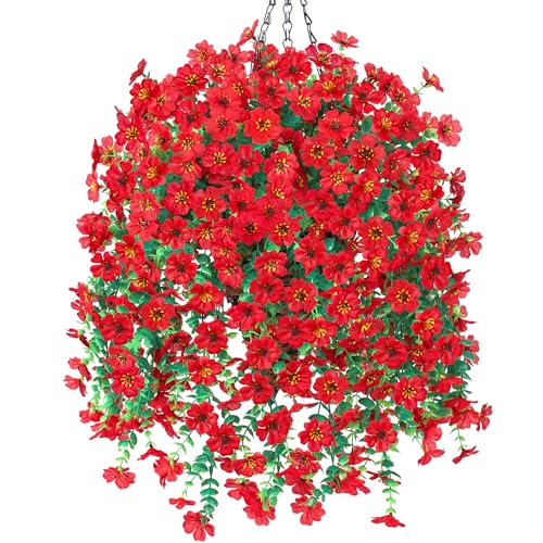 HyeFlora Artificial Hanging Flowers Basket for Outdoor, Fake Flowers Faux Plants Look Real for Yard Gardens Porch Patio Home (Red) - color: Red