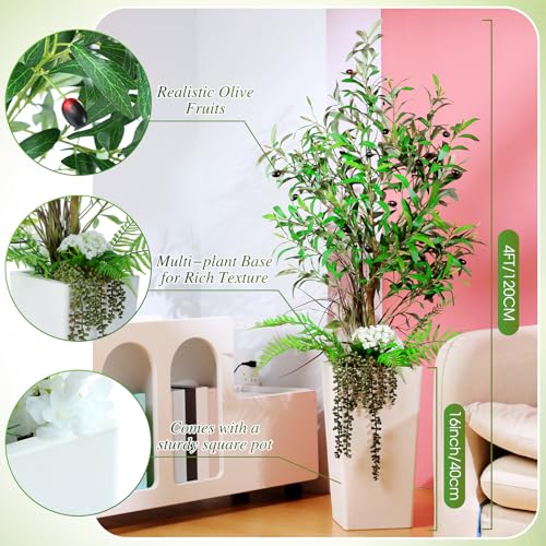 Giegxin 2 Pcs Artificial Olive Tree Combo 4ft Tall Faux Olive Trees with Tapered Planter & 5 Decorative Plants, UV Resistant Fake Floor Potted Plants for Indoor Outdoor Porch Home Office Decor (White)