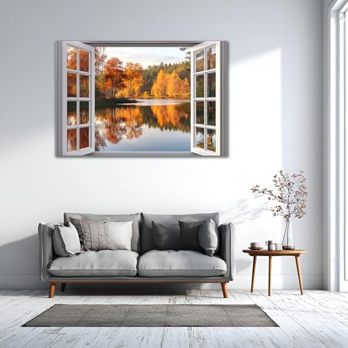 AMAZING WALL Autumn Lake Trees Peel and Stick Fake Window Stickers Perfect for Bedroom/Office/Kids' Room Wall Decor,Self-Adhesive Wall Decals,16x24in/1PCS - color: Autumn Lake, size: 16x24"/1pcs