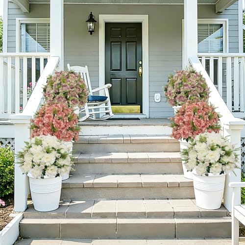 24” Artificial Flowers for Outdoors, Set of 2 Realistic Faux Pink Peonies in Cement Pots, UV Resistant Fake Plants Look Real for Front Porch, Entryway & Indoor Spring Decor - color: Peony Coral Pink