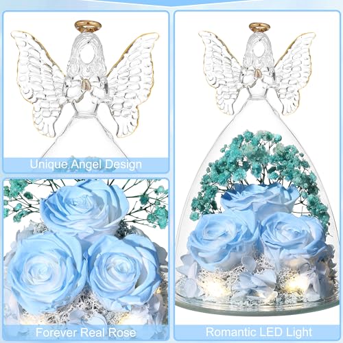 Mothers Day Rose Gifts for Women Preserved Real Flower in Glass Angel Figurines Roses for Delivery Prime Birthday Gifts for Mom Grandma Girlfriend Wife Her, Sky Blue White - color: Sky Blue White