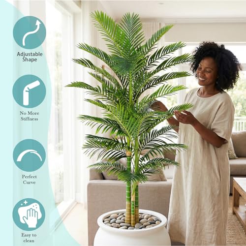 Artificial Golden Cane Palm Tree 7FT, Fake Palm Tree with Three Realistic Trunks and Lifelike Palm Leaves, Faux Palm Plant for Indoor Home Décor with Black Planter - color: Black, size: 7FT
