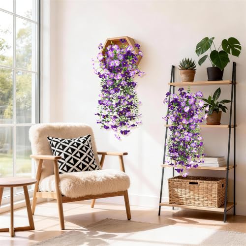 Artificial Fake Flowers Plants for Outdoor Spring Summer Decoration,2 PCS Faux Silk Morning Glory with Eucalyptus Leaves,UV Resistant Realistic Outdoor Flowers for Balcony Porch Patio Yard Garden - color: Double Purple