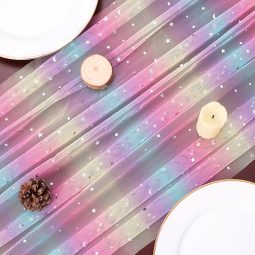 Iridescent Moon and Stars Gauze Table Runner 120 Inch 10FT Rainbow Tulle Silver Sequin Glitter Table Runner Colorful Dining Wedding Rainbow Birthday Decorations Unicorn Decor Holiday Home Party - color: Rainbow, size: 10 ft × 1 pc