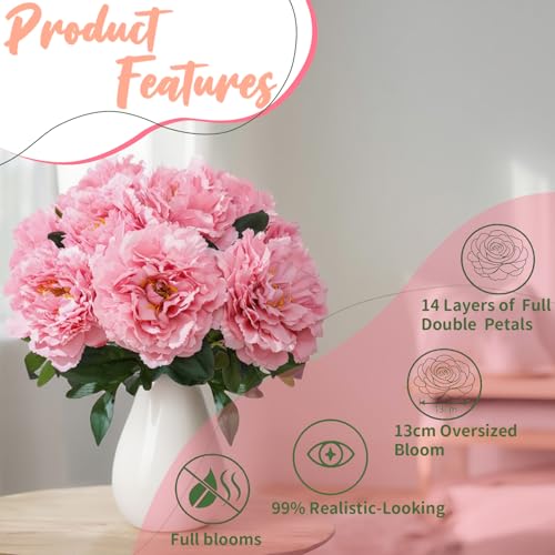 Deep Pink Premium Silk Artificial Peonies, 2 Bouquets (10 Large 5.12" Heads), 13.78" Tall Fake Floral Arrangements for Wedding Centerpieces, Home Decor & Indoor Vase Display - color: Deep Pink New