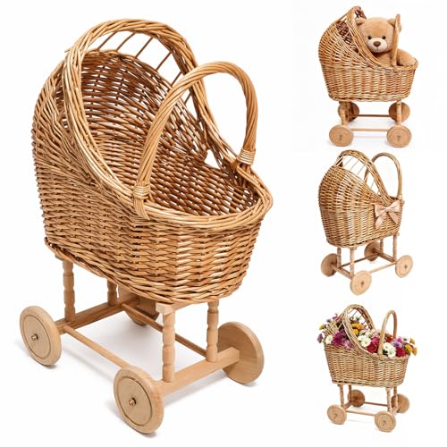 Vintage Wicker Baby Carriage Decor，Woven Rattan Stroller Flower Basket Cart for Wedding Centerpieces, Baby Shower Party Supplies & Nursery Floral Arrangement Props Floral Rustic Home Decor - color: Large-1
