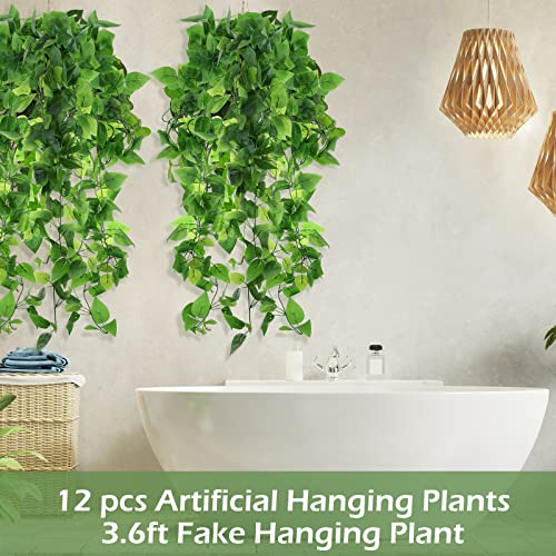 Hoteam 12 Pcs Artificial Hanging Plants 32 Inch Fake Ivy Vines with Fake Leaves Patio Artificial Plants Greenery for Living Room Indoor Outdoor Wall, No Basket (Pothos) - color: Pothos