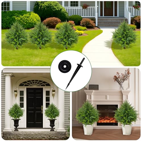24.5 Inch (H) Artificial Cedar Topiary Ball Trees, Set of 4 UV Resistant Fake Shrub Bushes with Ground Spikes, Faux Outdoor Plants for Garden, Patio, Front Porch & Indoor Decor (4)