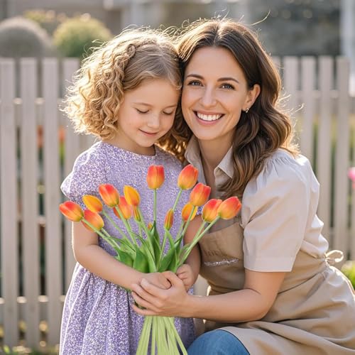 15 Pcs Orange Tulips Artificial Flowers Faux Tulips Real Touch Latex Fake Flower Bouquet for Spring Wedding Home Décor Centerpiece Arrangements - color: Orange