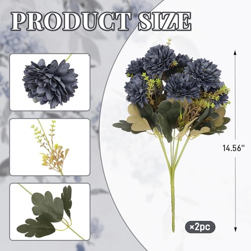 18 Heads Blue Black Artificial Chrysanthemum Flowers Fake Mums Blue Black Kiku Gothic Flowers Bouquet Silk Chrysanthemums for Indoor Outdoor Table Centerpiece Vase Pots Decoration, 2 Pcs - color: Blue Black Chrysanthemum