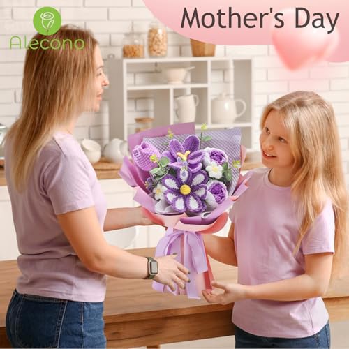 Alecono Crochet Flower Bouquet, Purple Knitted Flowers, Crochet Tulip Galsang Flower for Lover Anniversary Birthday Party Mother's Day Graduation Gifts (Include Card) - color: Purple, size: Large