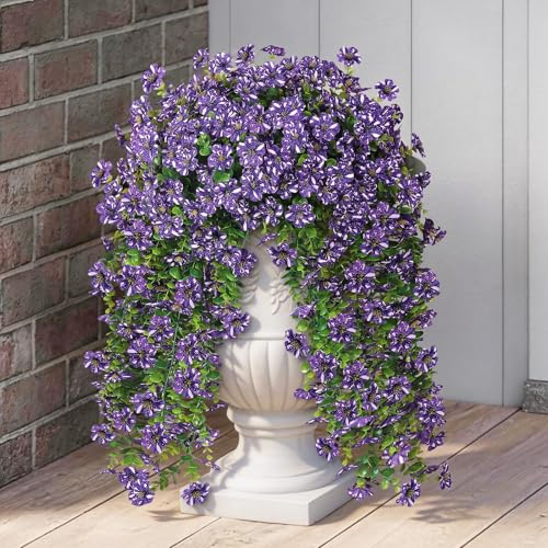 GLIDLION 4 PCS Artificial Morning Glory & Eucalyptus for Outside, Realistic Sun Resistant Fake Silk Hang Flower Faux Eucalyptus Leave for Patio Farmhouse Garden Porches Balcony Decor (Purple) - color: Purple