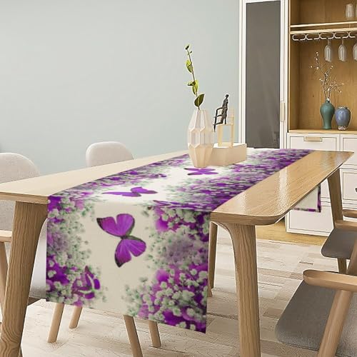 Floral Butterfly Spring Table Runner, Purple Flowers Seasonal Kitchen Dining Table Decoration for Home Party Decor 13x36 Inch - color: Butterfly_6, size: 13x36inch
