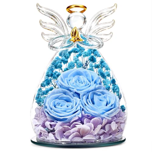 Beferr Gifts for Mom Birthday Gifts for Women, Fresh Flowers for Delivery Forever Preserved Rose in Glass Angel Figurine, Anniversary Christian Real Rose for Grandma Wife Mother from Daughter Son - color: K Light Blue
