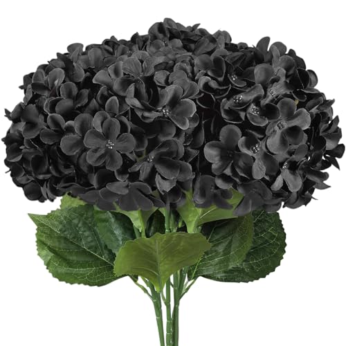 6 PCS Artificial Hydrangea Flowers, Faux Silk Hydrangea with Long Stems, Home Wedding Decor, Table Centerpieces, Party Decorations (Black) - color: Black