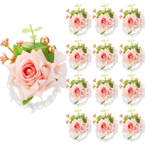 Sherr Pink Set of 12 Rose Wrist Corsages for Wedding Corsage Flower Wristlet Floral Wedding Wrist Bridal Rose Leaf Hand Flowers for Bride Bridesmaid Prom Engagement Festival - color: Pink
