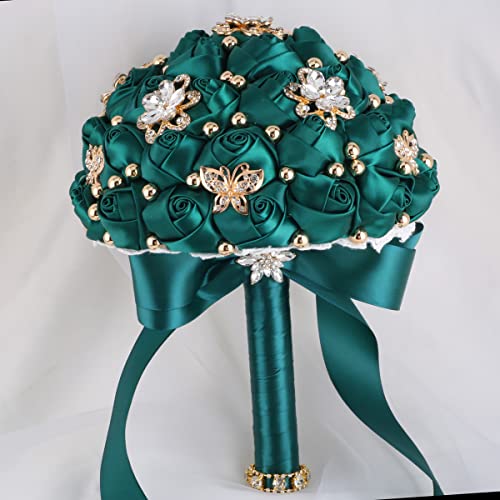 One Big Size(8.26") Gold Diamond Bridal Wedding Bouquet Bridesmaid Toss Bouquet Foam Rose Bouquet with Ribbon W666-21 Emerald Green - color: Emerald Green