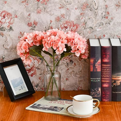 Mandy's 3 Stems Coral Artificial Hydrangea Flowers | 13.7 Inch Realistic Silk Bouquet for Centerpieces Easter , Wedding & Home Decor - color: Coral