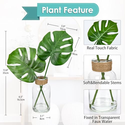 GnFlus Artificial Plant in Glass Vase with Faux Water, Fake Monstera Plant Real Touch Faux Plants Tropical Leaves Fake Greenery Stems for Home Office Farmhouse Wedding Centerpiece Décor - color: Monstera #1